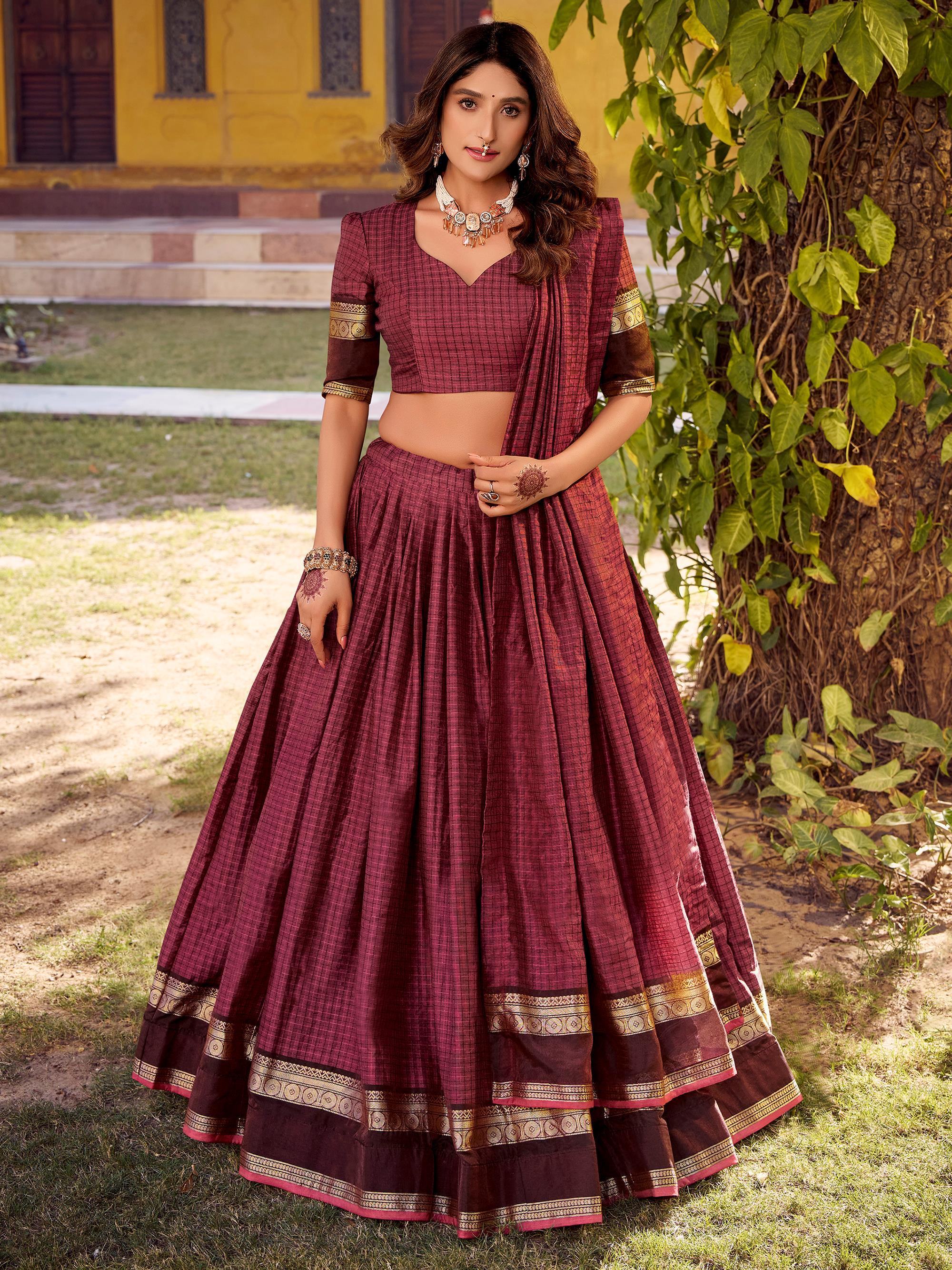 Glamorous Maroon Zari Weaving Cotton Wedding Wear Lehenga Choli