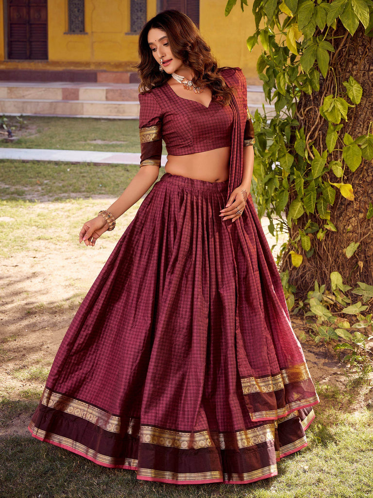 Glamorous Maroon Zari Weaving Cotton Wedding Wear Lehenga Choli