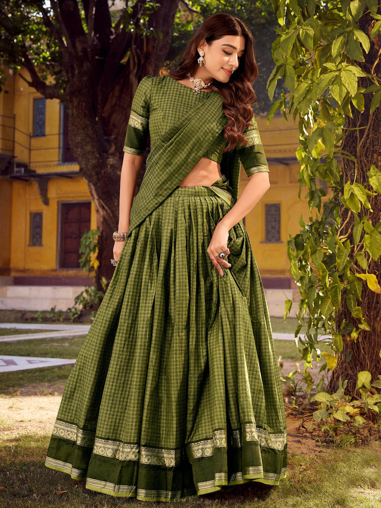 Attractive Green Zari Weaving Cotton Wedding Wear Lehenga Choli