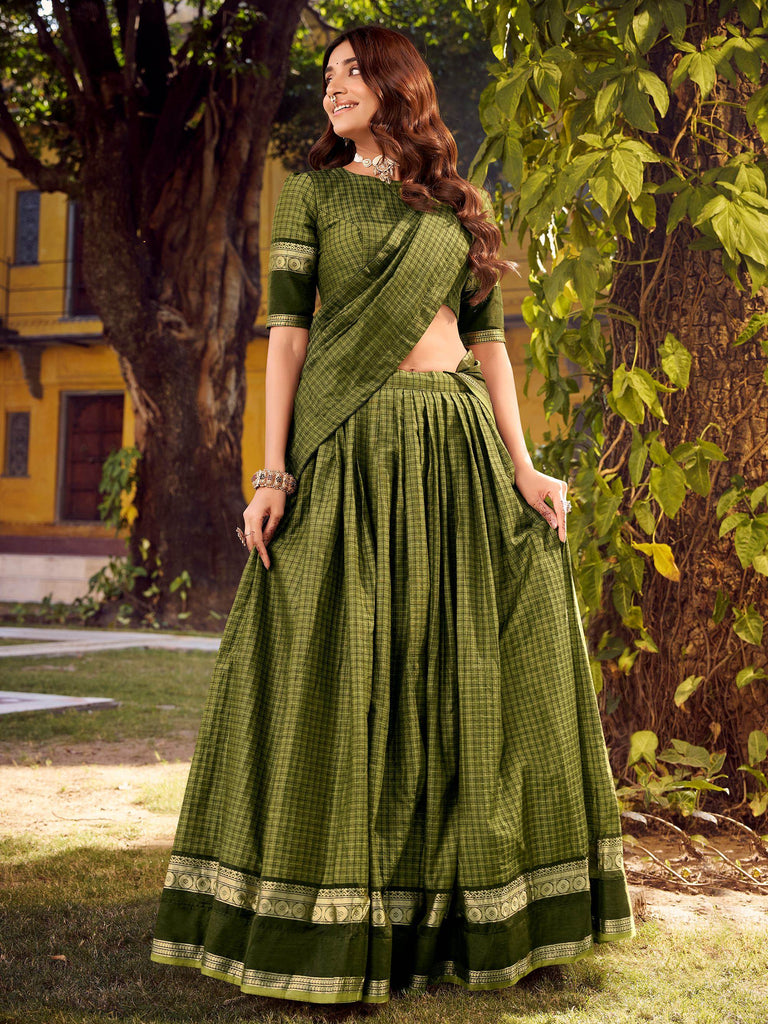 Attractive Green Zari Weaving Cotton Wedding Wear Lehenga Choli