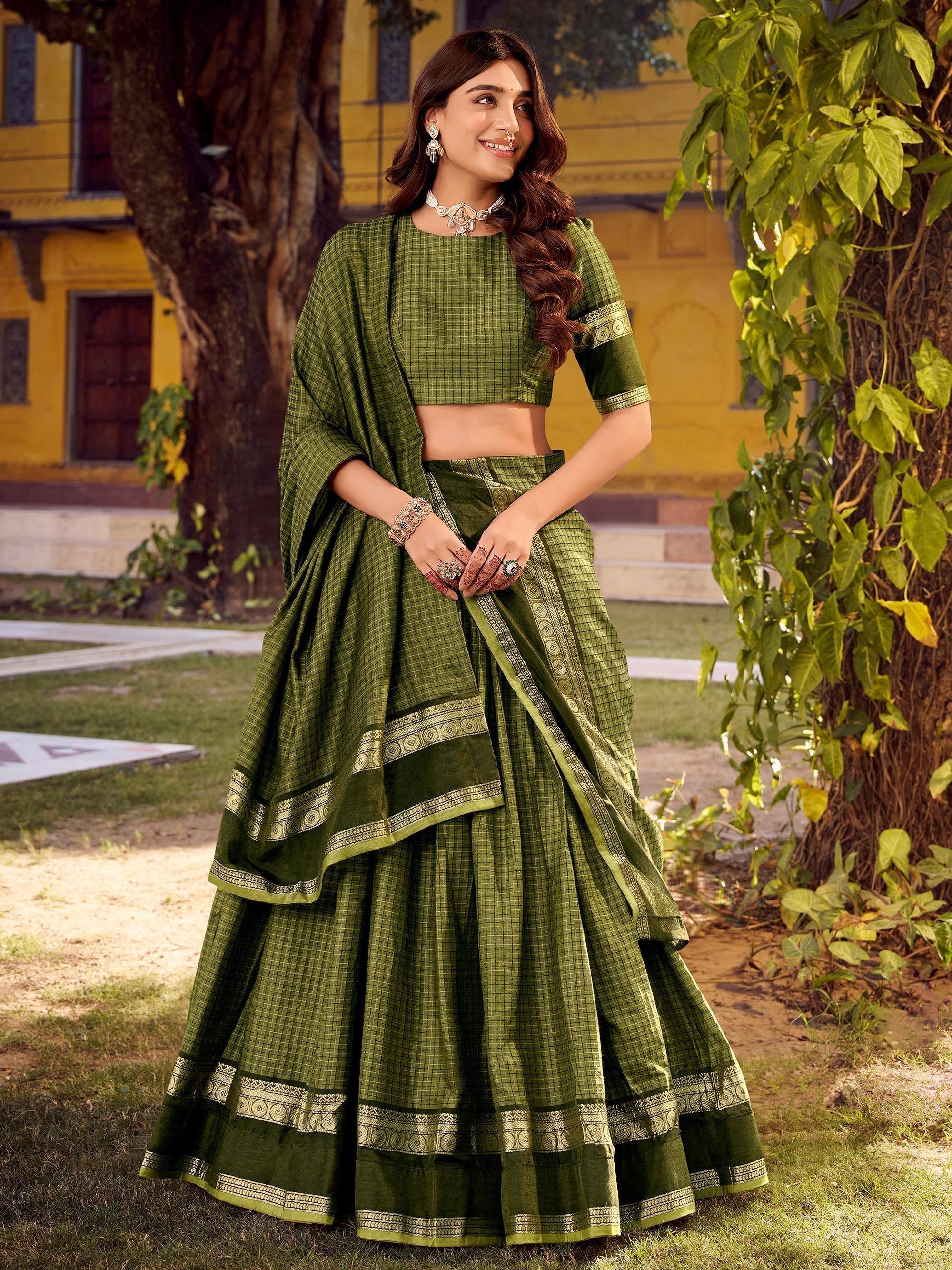 Attractive Green Zari Weaving Cotton Wedding Wear Lehenga Choli
