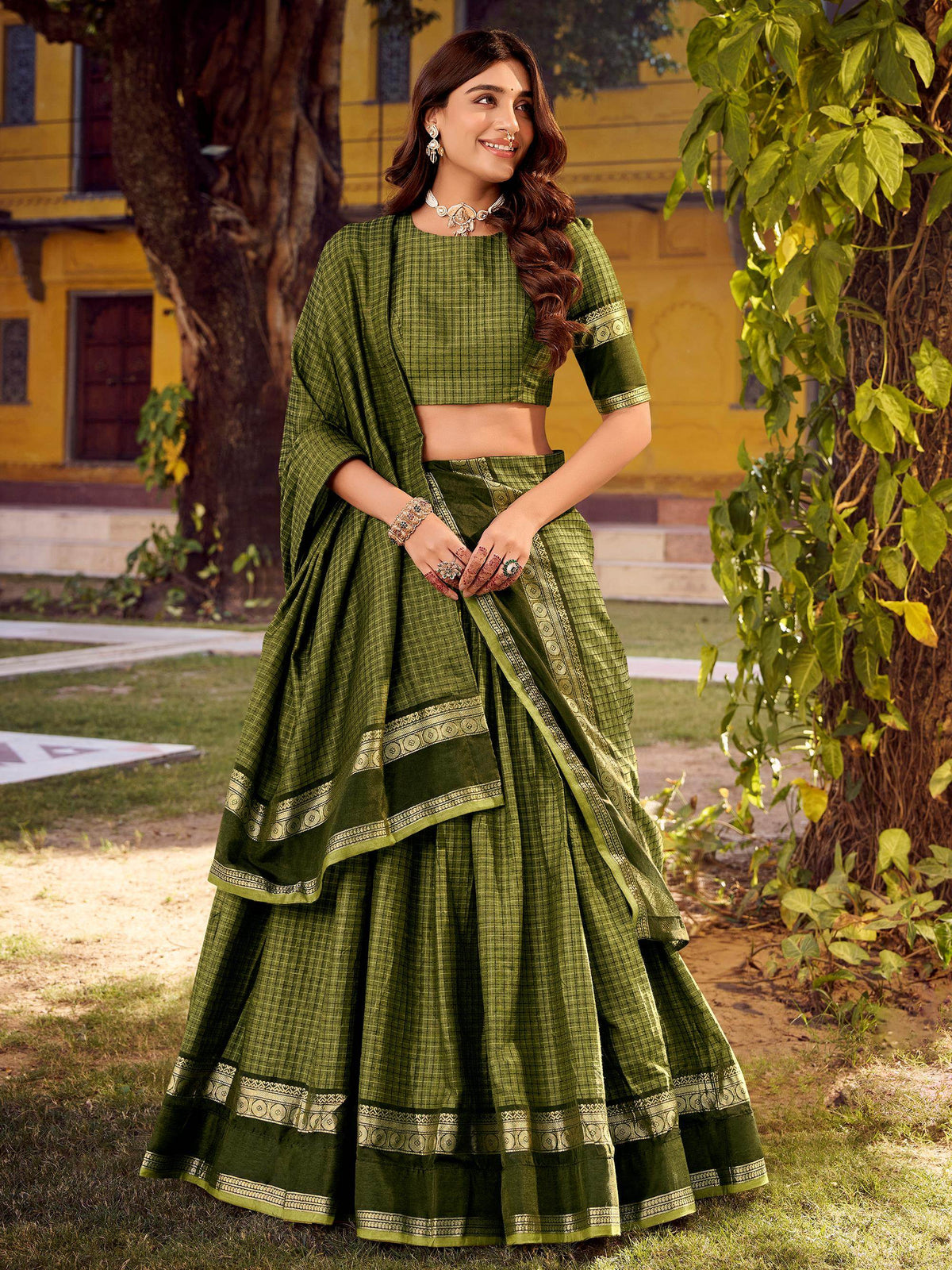 Attractive Green Zari Weaving Cotton Wedding Wear Lehenga Choli