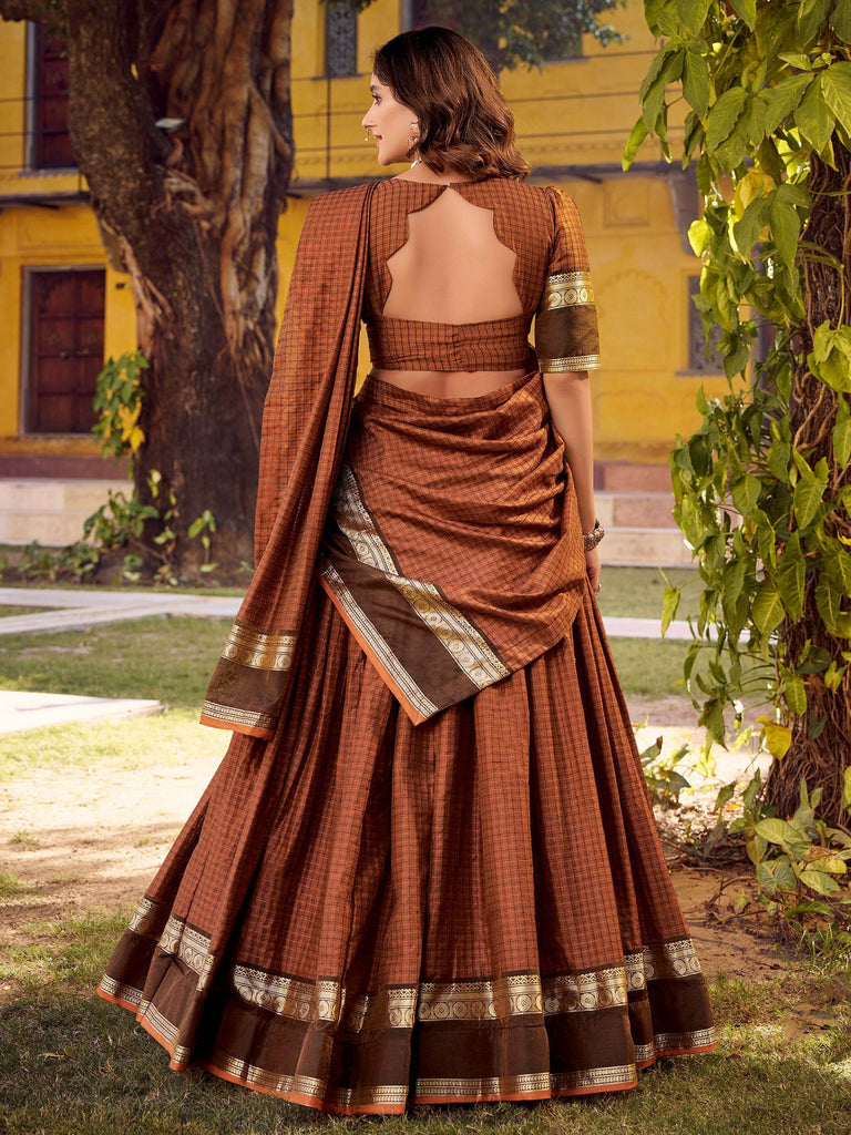 Pretty Brown Zari Weaving Cotton Festive Wear Lehenga Choli