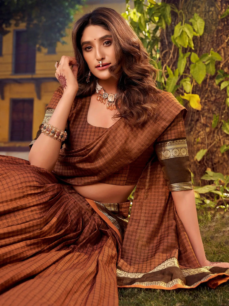 Pretty Brown Zari Weaving Cotton Festive Wear Lehenga Choli