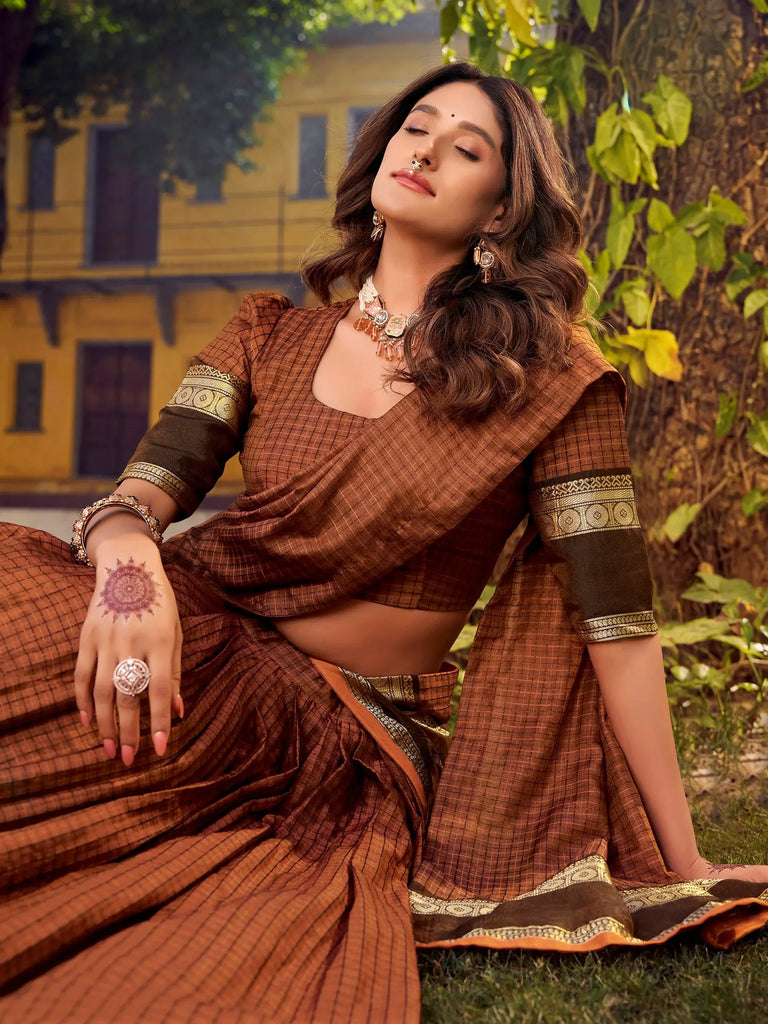 Pretty Brown Zari Weaving Cotton Festive Wear Lehenga Choli
