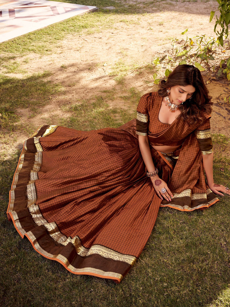 Pretty Brown Zari Weaving Cotton Festive Wear Lehenga Choli