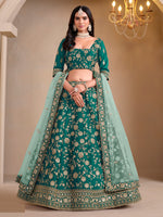 Outstanding Teal Green Floral Work Silk Wedding Wear Lehenga With Blouse