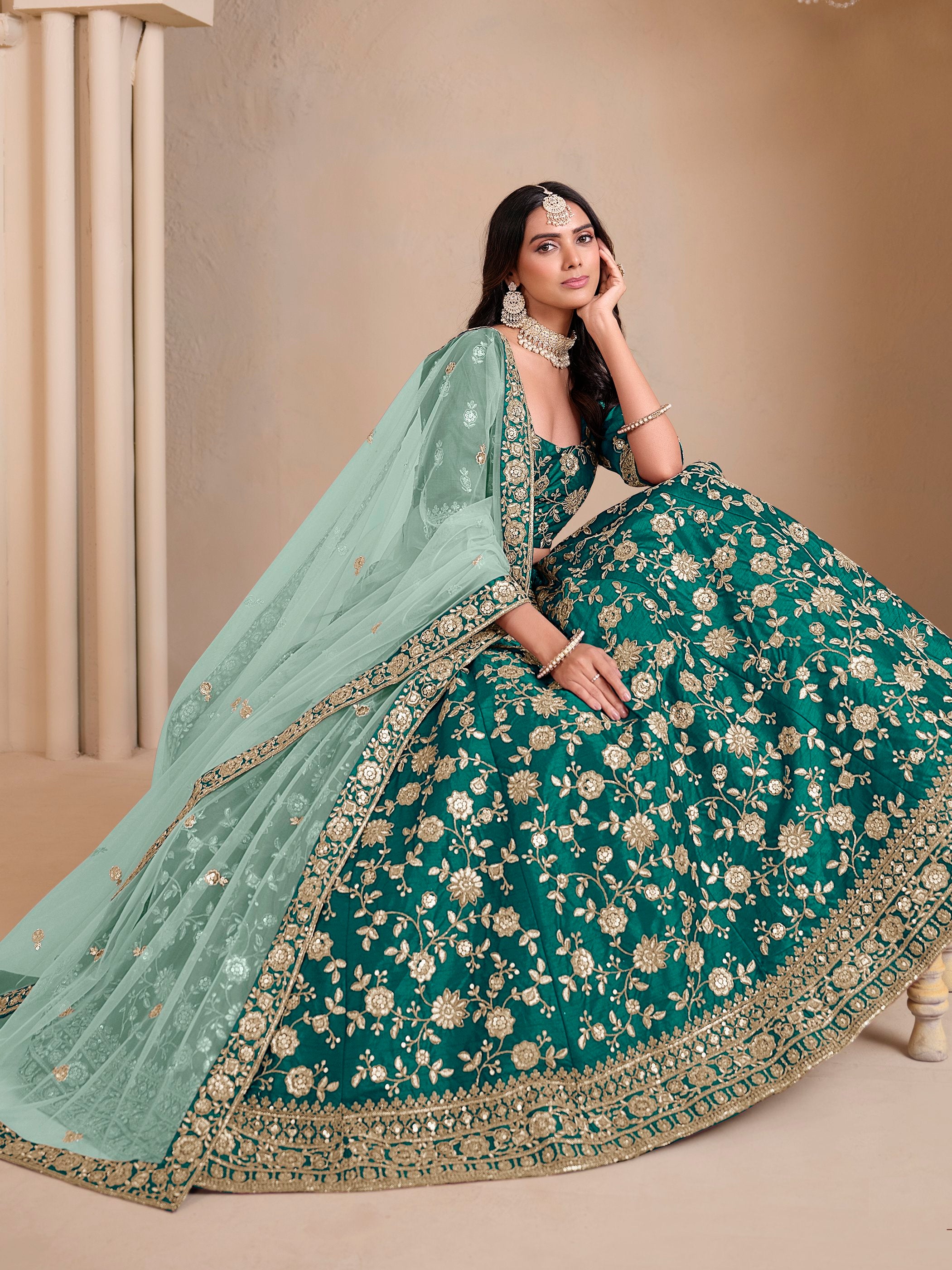 Outstanding Teal Green Floral Work Silk Wedding Wear Lehenga With Blouse