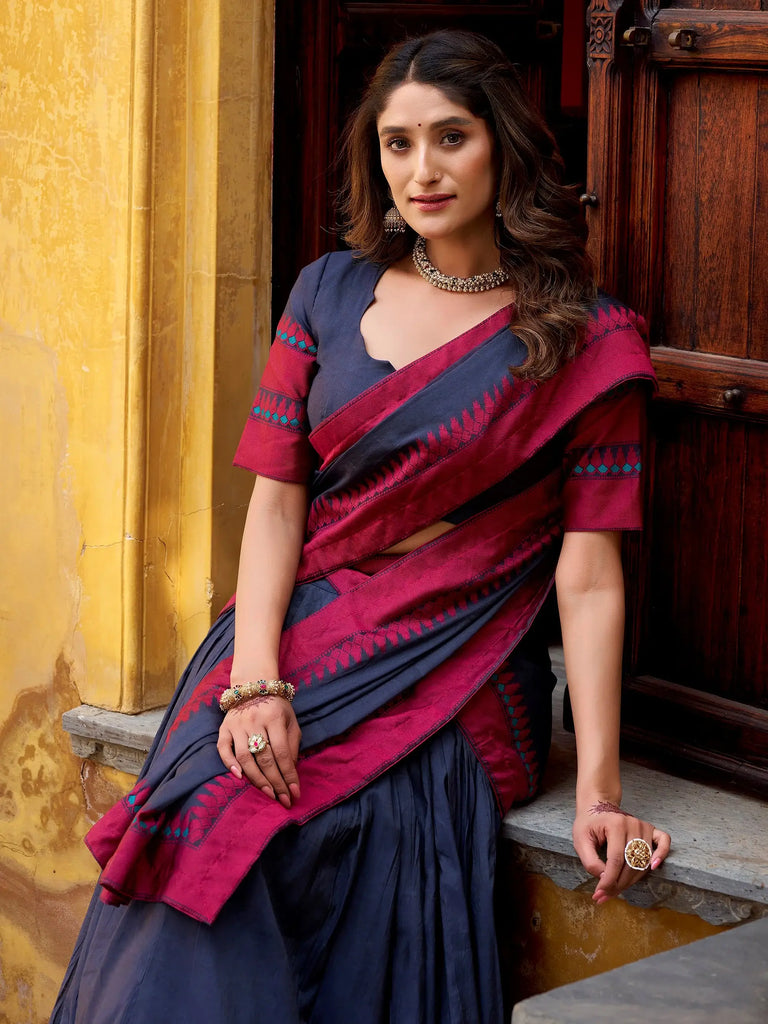 Awesome Blue Weaving Border Silk Festival Wear Half Saree Lehenga