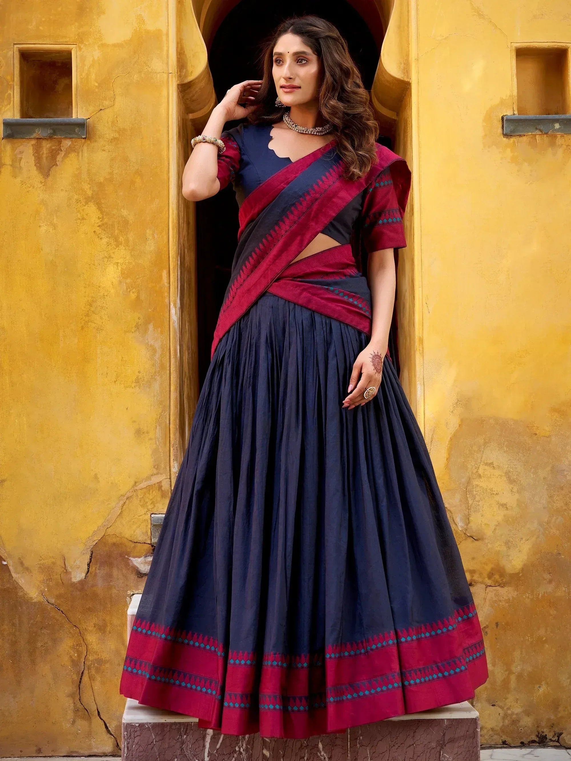 Awesome Blue Weaving Border Silk Festival Wear Half Saree Lehenga