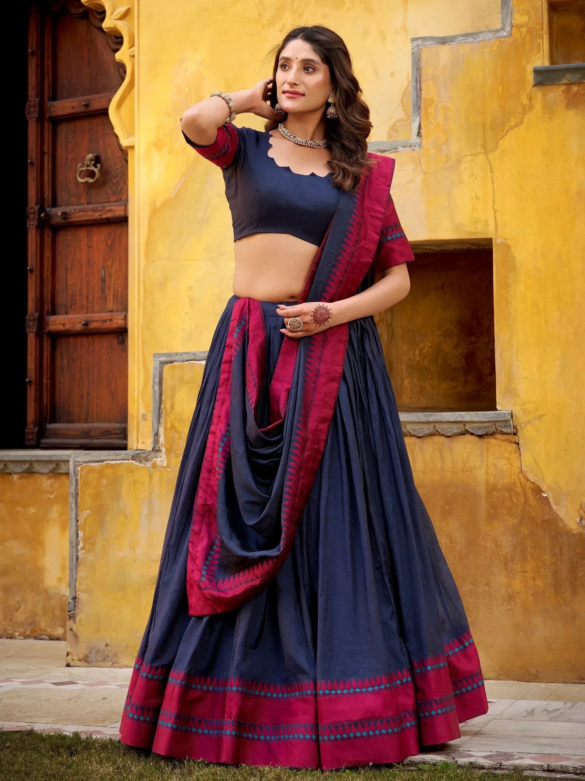 Awesome Blue Weaving Border Silk Festival Wear Half Saree Lehenga