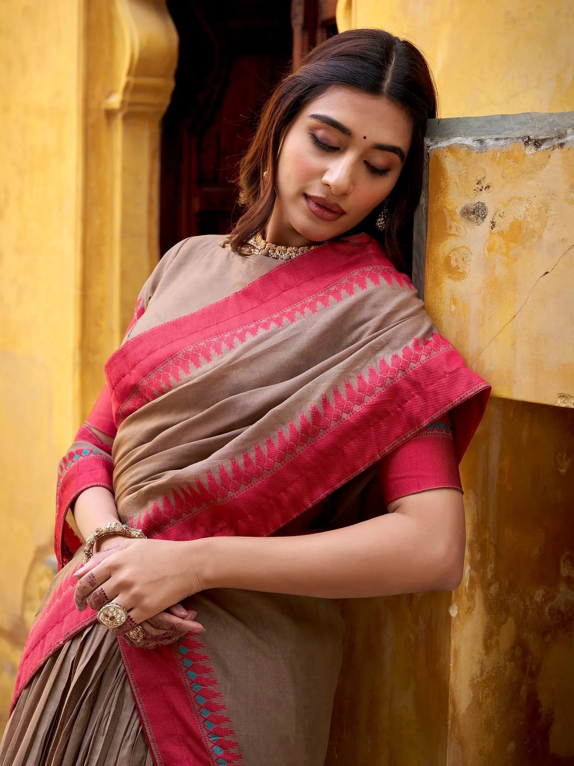 Glamorous Beige Weaving Border Silk Wedding Wear Half Saree Lehenga