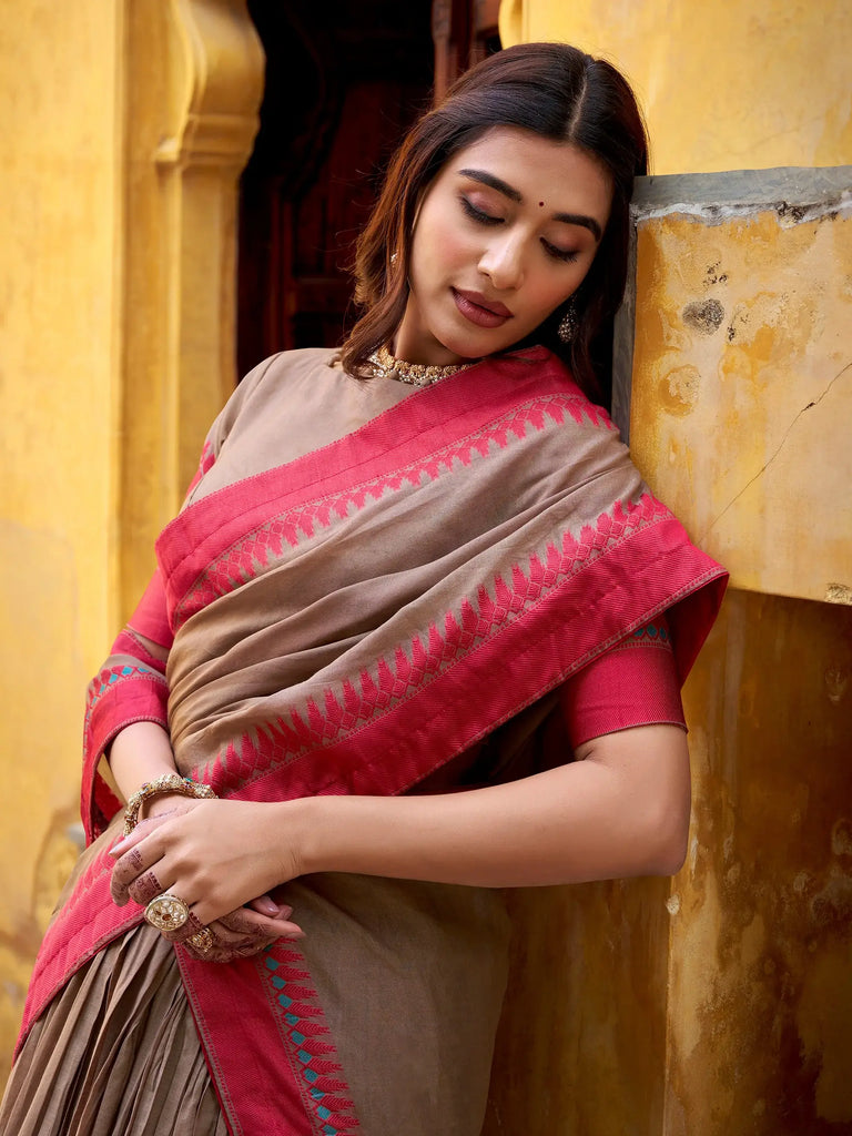 Glamorous Beige Weaving Border Silk Wedding Wear Half Saree Lehenga