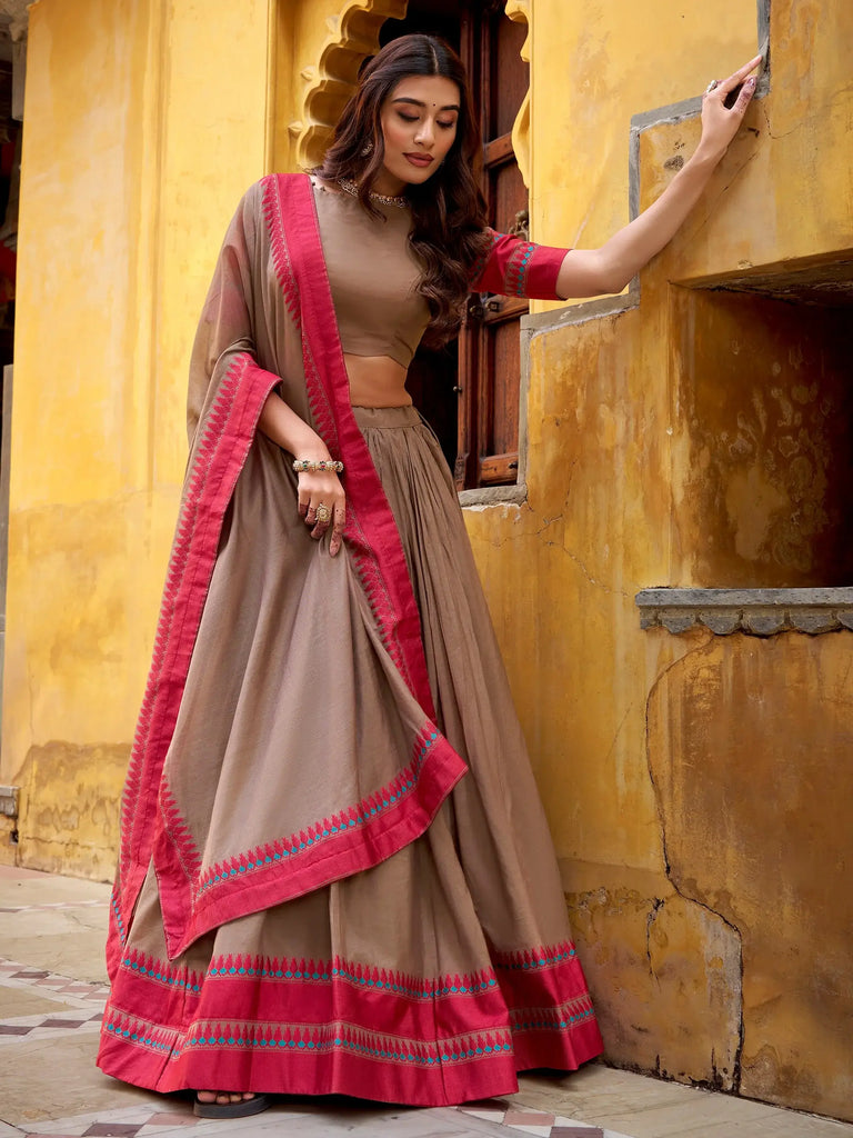 Glamorous Beige Weaving Border Silk Wedding Wear Half Saree Lehenga