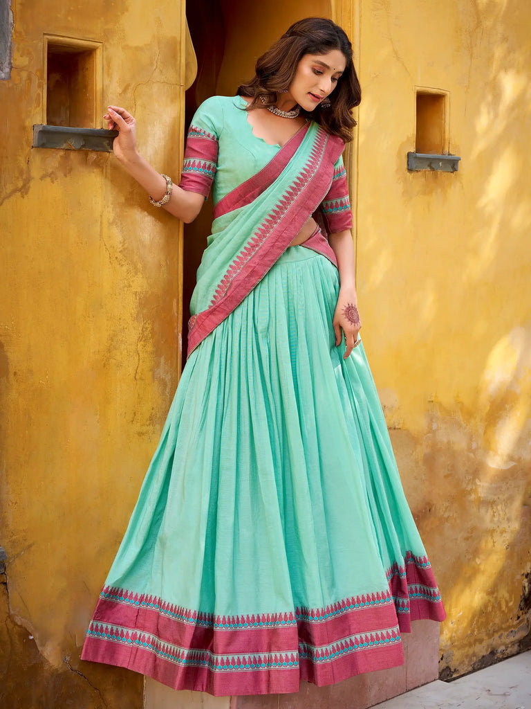 Gorgeous Sky Blue Weaving Border Silk Function Wear Half Saree Lehenga