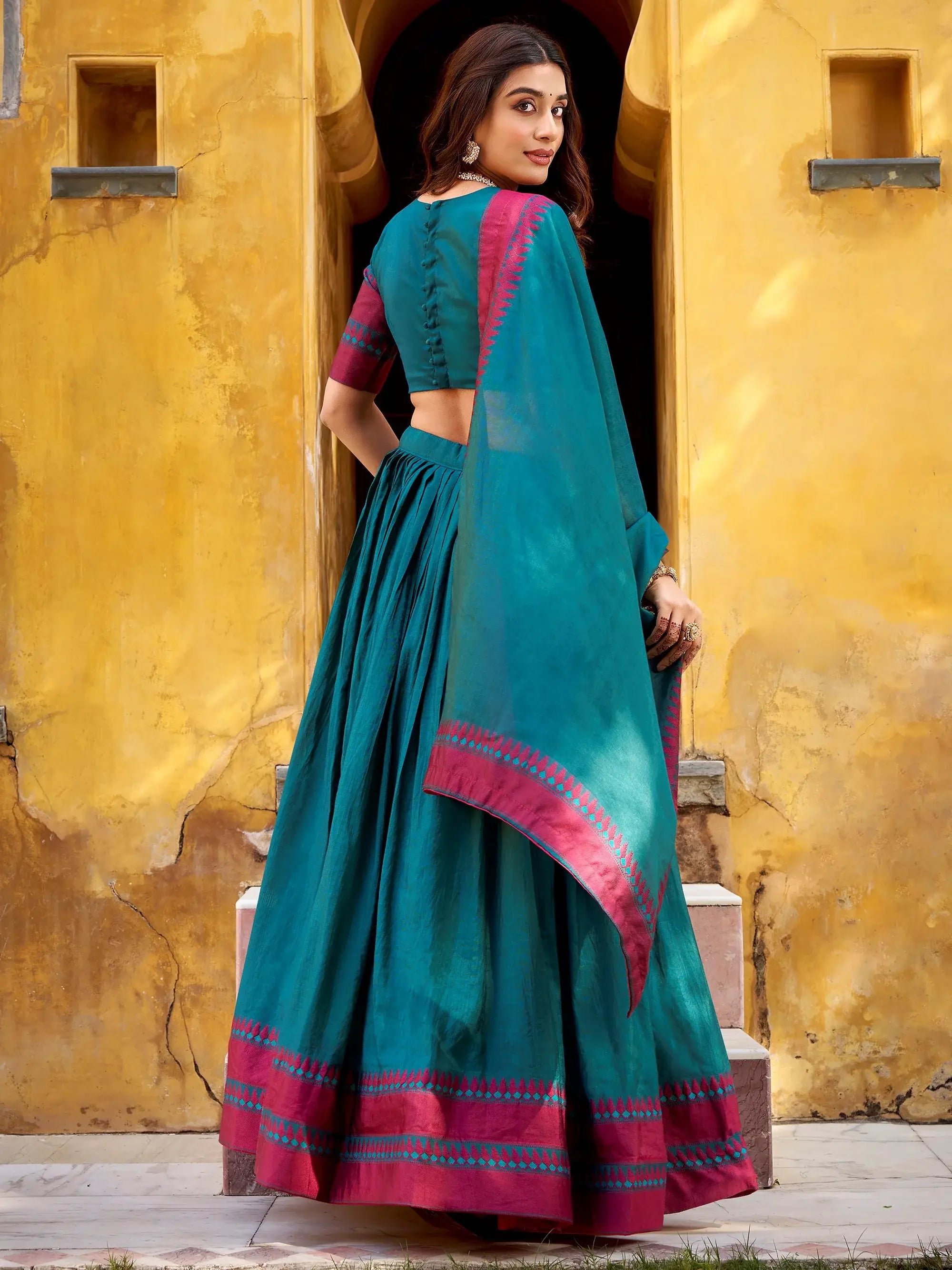Elegant Teal Blue Weaving Border Silk Bridesmaid Half Saree Lehenga