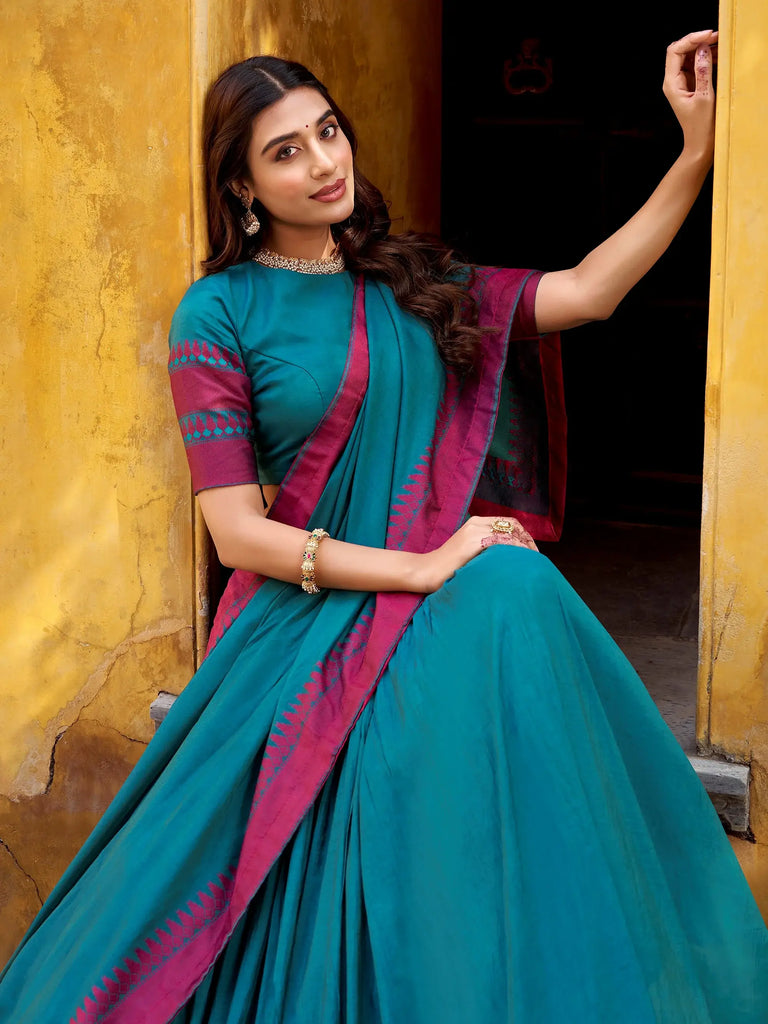 Elegant Teal Blue Weaving Border Silk Bridesmaid Half Saree Lehenga