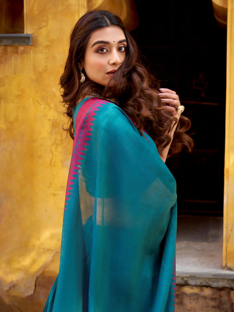 Elegant Teal Blue Weaving Border Silk Bridesmaid Half Saree Lehenga