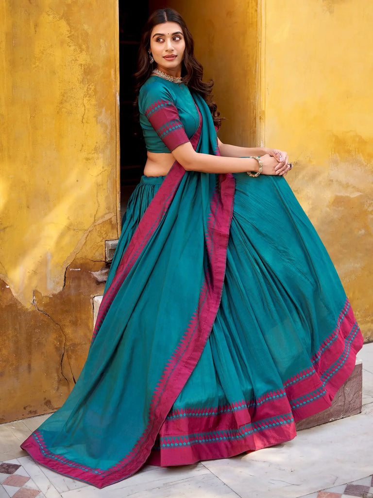 Elegant Teal Blue Weaving Border Silk Bridesmaid Half Saree Lehenga