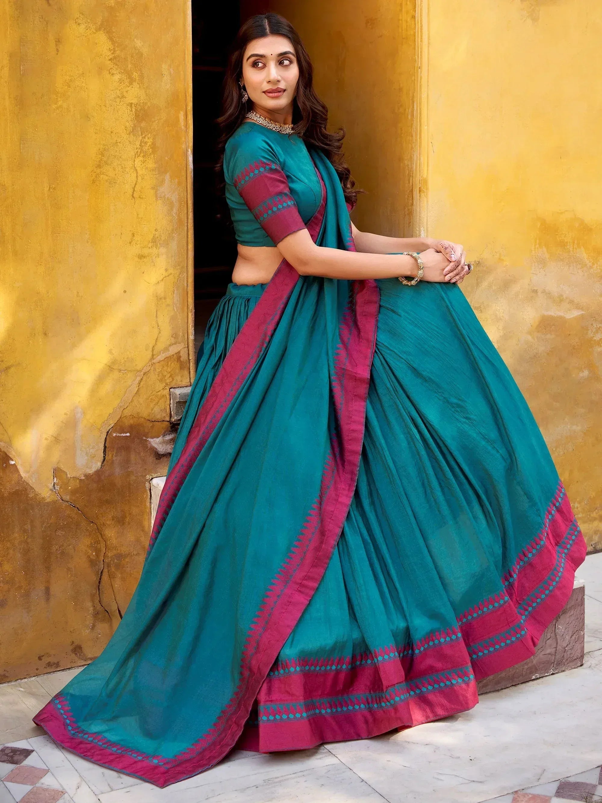Elegant Teal Blue Weaving Border Silk Bridesmaid Half Saree Lehenga