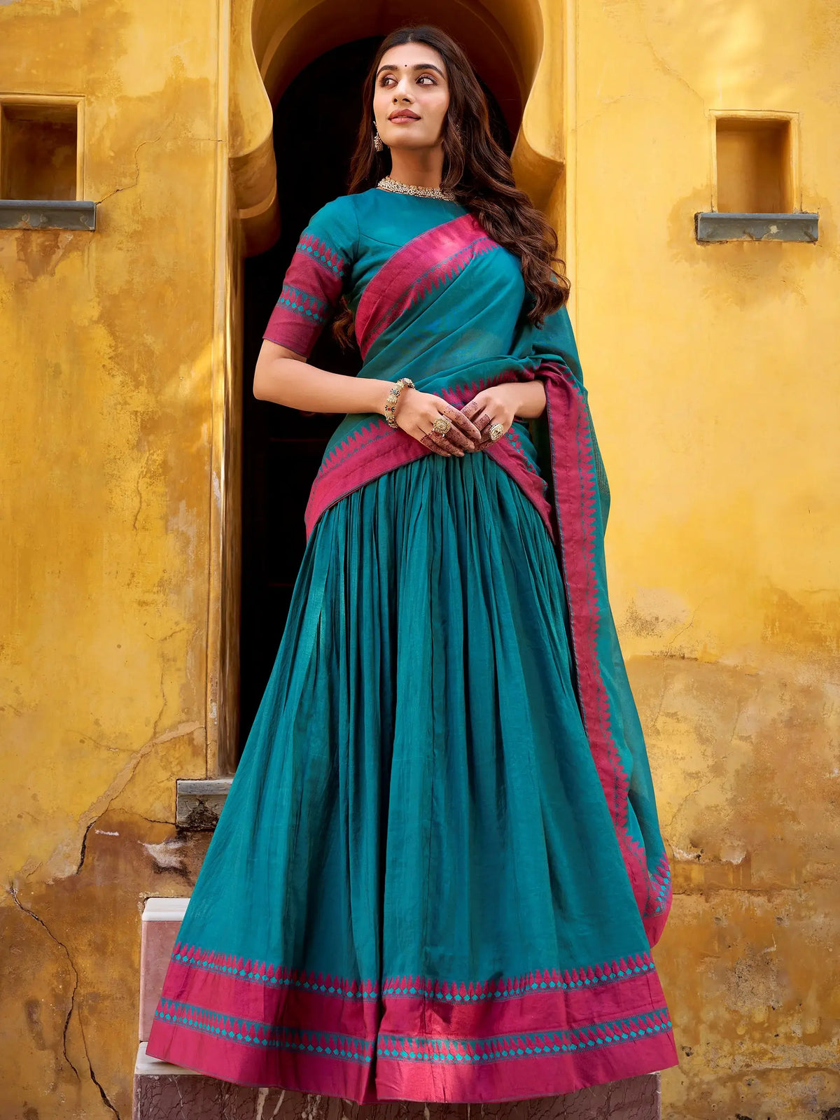 Elegant Teal Blue Weaving Border Silk Bridesmaid Half Saree Lehenga