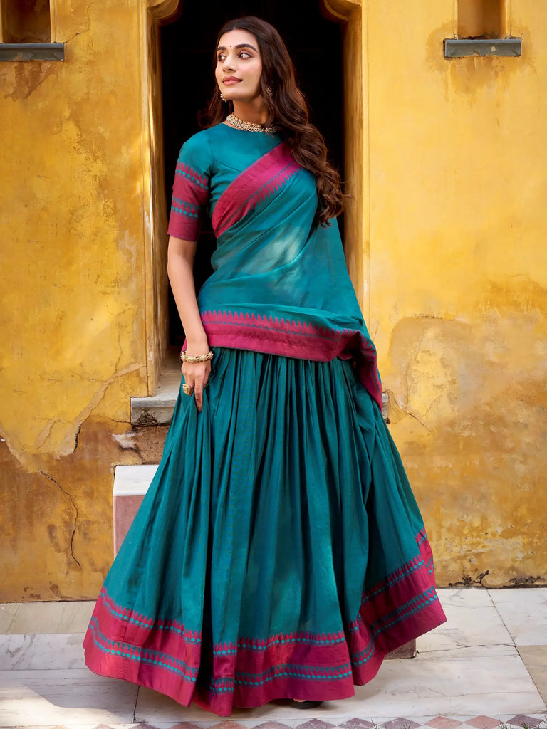 Elegant Teal Blue Weaving Border Silk Bridesmaid Half Saree Lehenga