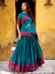 Elegant Teal Blue Weaving Border Silk Bridesmaid Half Saree Lehenga