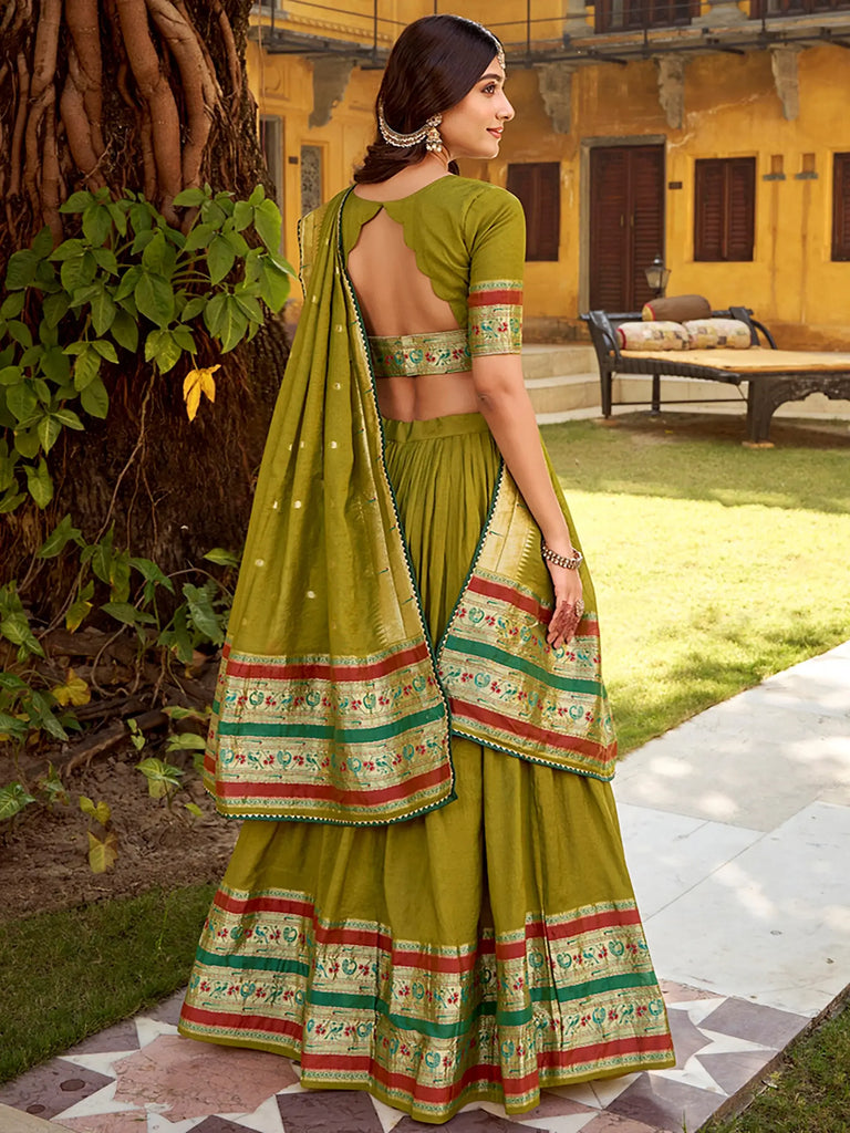 Fabulous Green Zari Weaving Chanderi Bridesmaid Half Saree Lehenga 