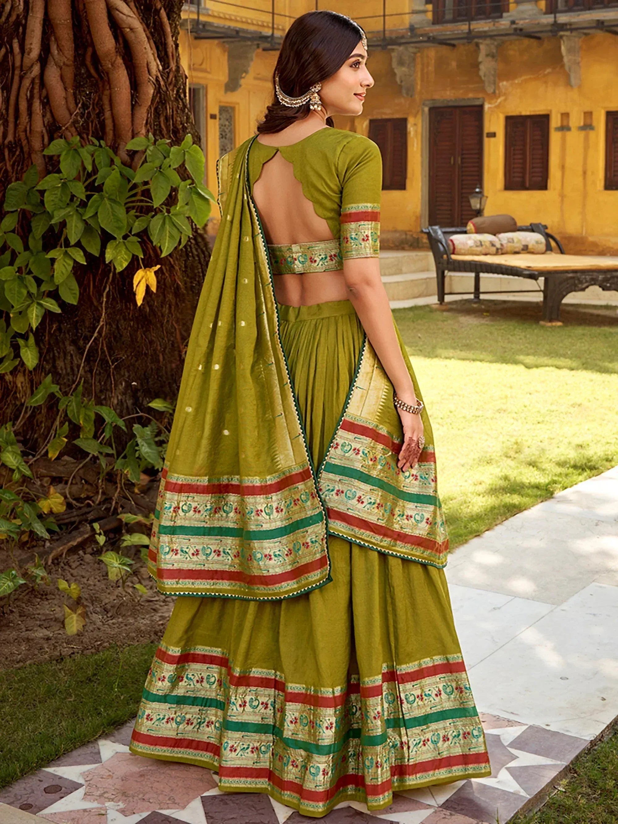 Fabulous Green Zari Weaving Chanderi Bridesmaid Half Saree Lehenga 