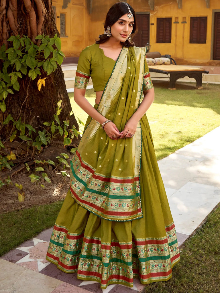 Fabulous Green Zari Weaving Chanderi Bridesmaid Half Saree Lehenga 