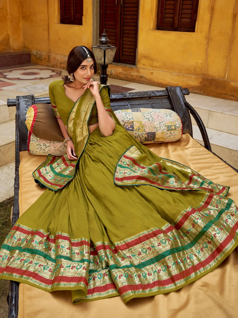 Fabulous Green Zari Weaving Chanderi Bridesmaid Half Saree Lehenga 