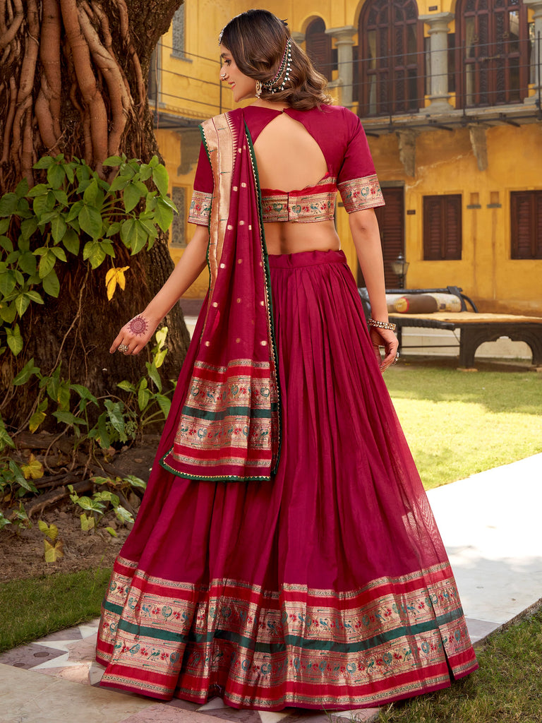 Fantastic Maroon Zari Weaving Chanderi Festive Wear Half Saree Lehenga