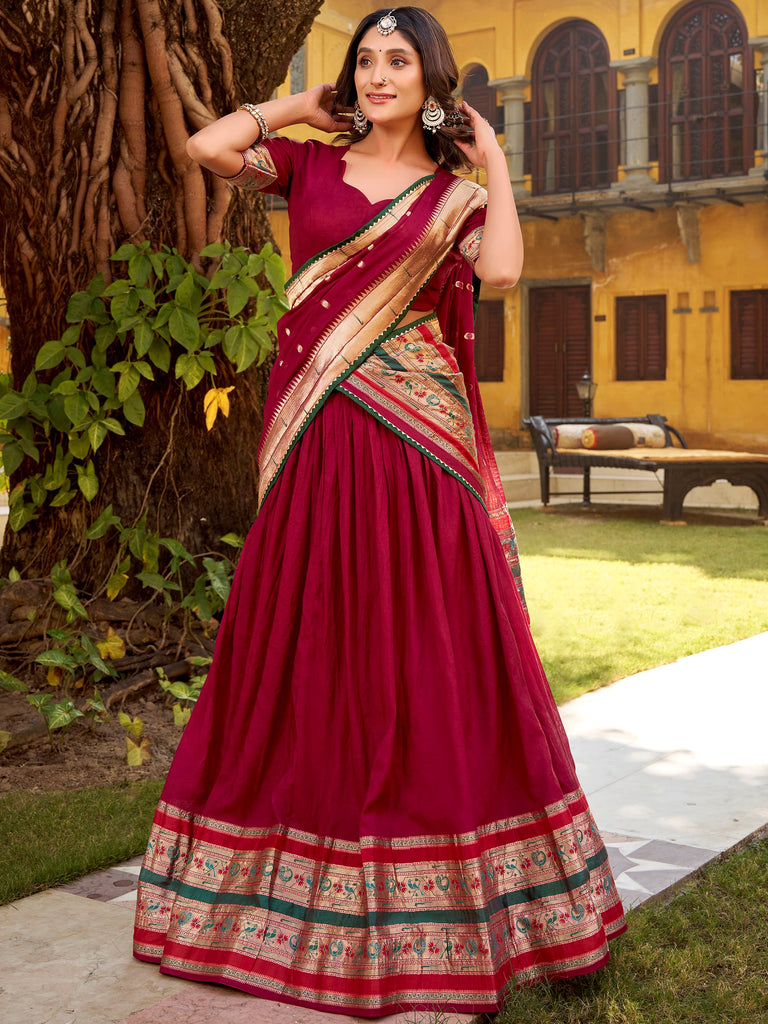 Fantastic Maroon Zari Weaving Chanderi Festive Wear Half Saree Lehenga