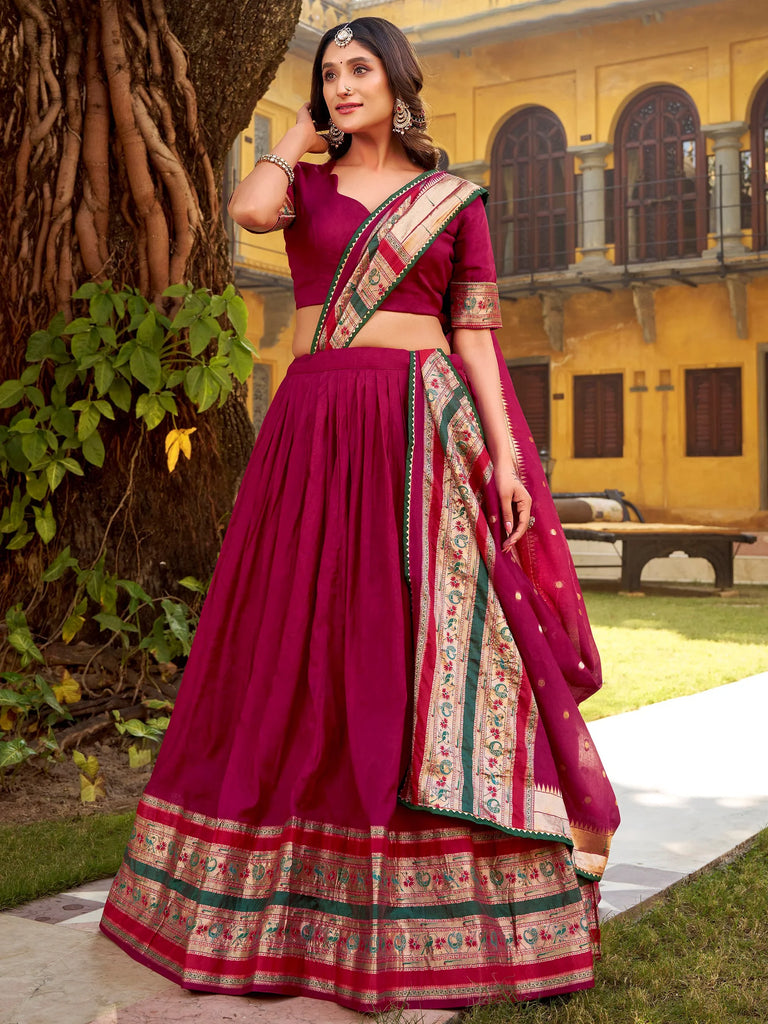 Fantastic Maroon Zari Weaving Chanderi Festive Wear Half Saree Lehenga