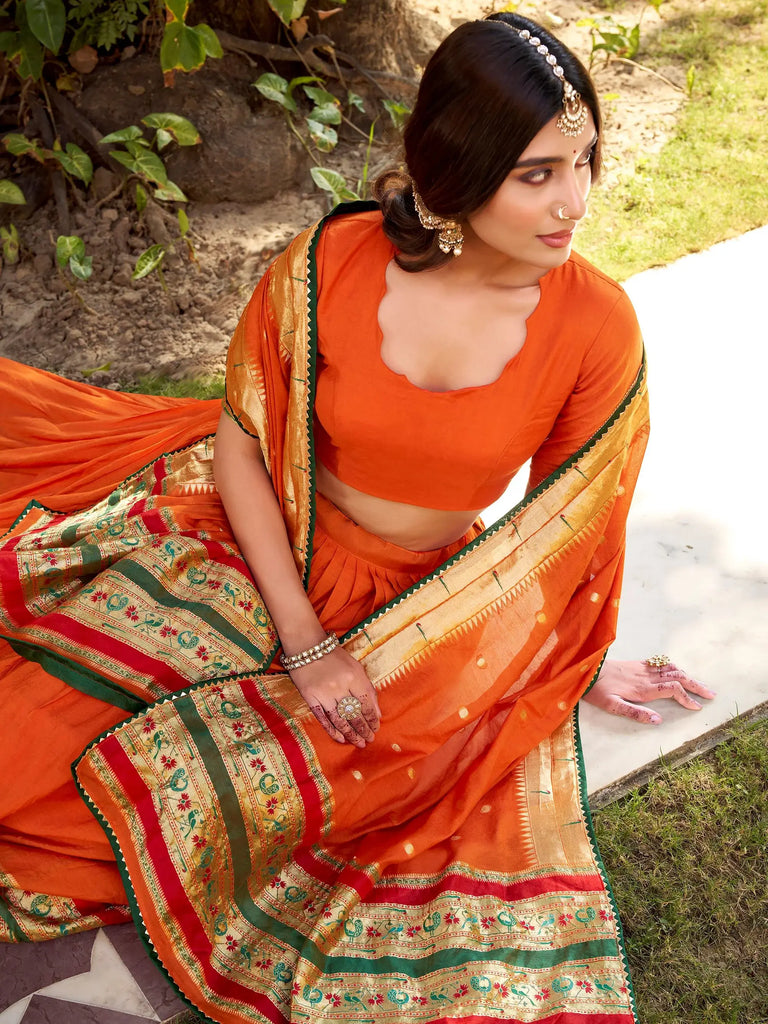 Pretty Orange Zari Weaving Chanderi Function Wear Half Saree Lehenga 