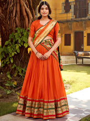 Pretty Orange Zari Weaving Chanderi Function Wear Half Saree Lehenga 