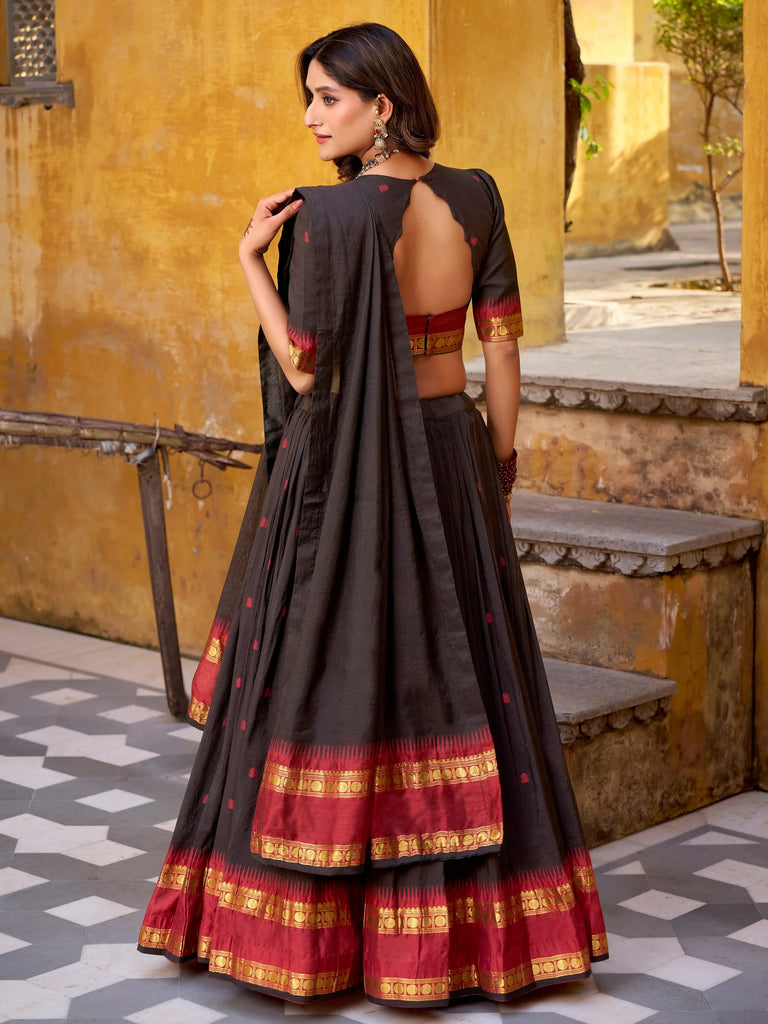 Fantastic Black Zari Weaving Chanderi Function Wear Half Saree Lehenga