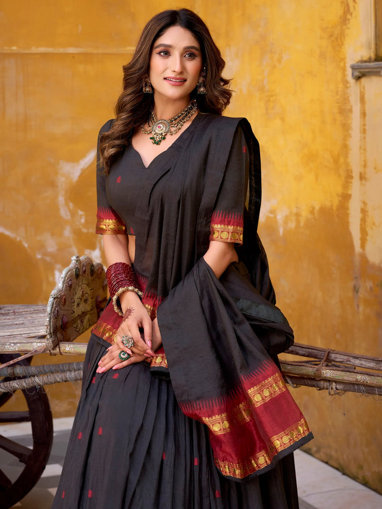 Fantastic Black Zari Weaving Chanderi Function Wear Half Saree Lehenga