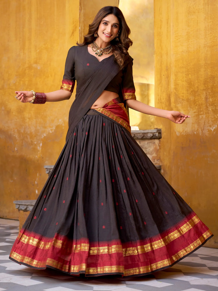 Fantastic Black Zari Weaving Chanderi Function Wear Half Saree Lehenga