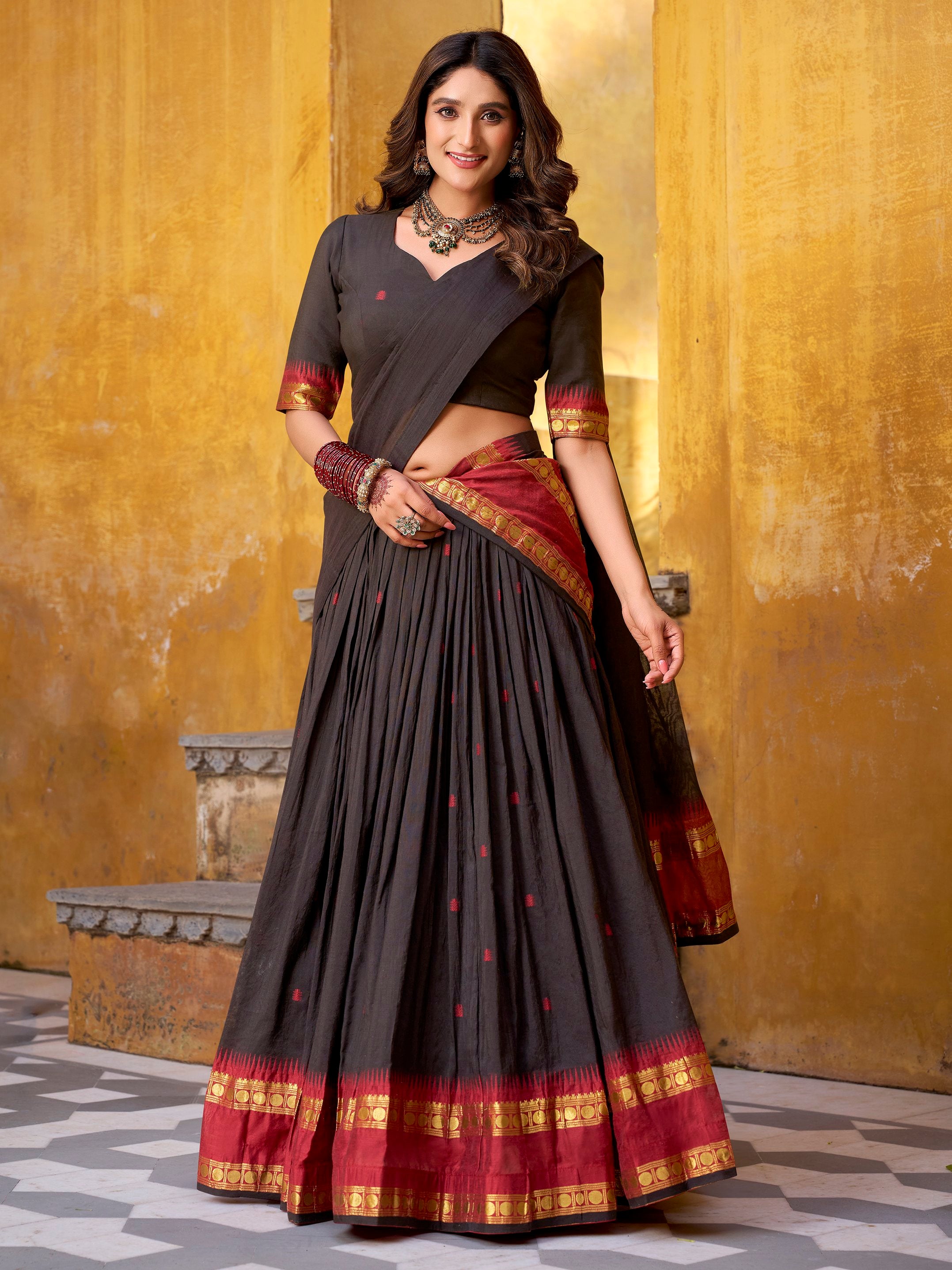 Fantastic Black Zari Weaving Chanderi Function Wear Half Saree Lehenga