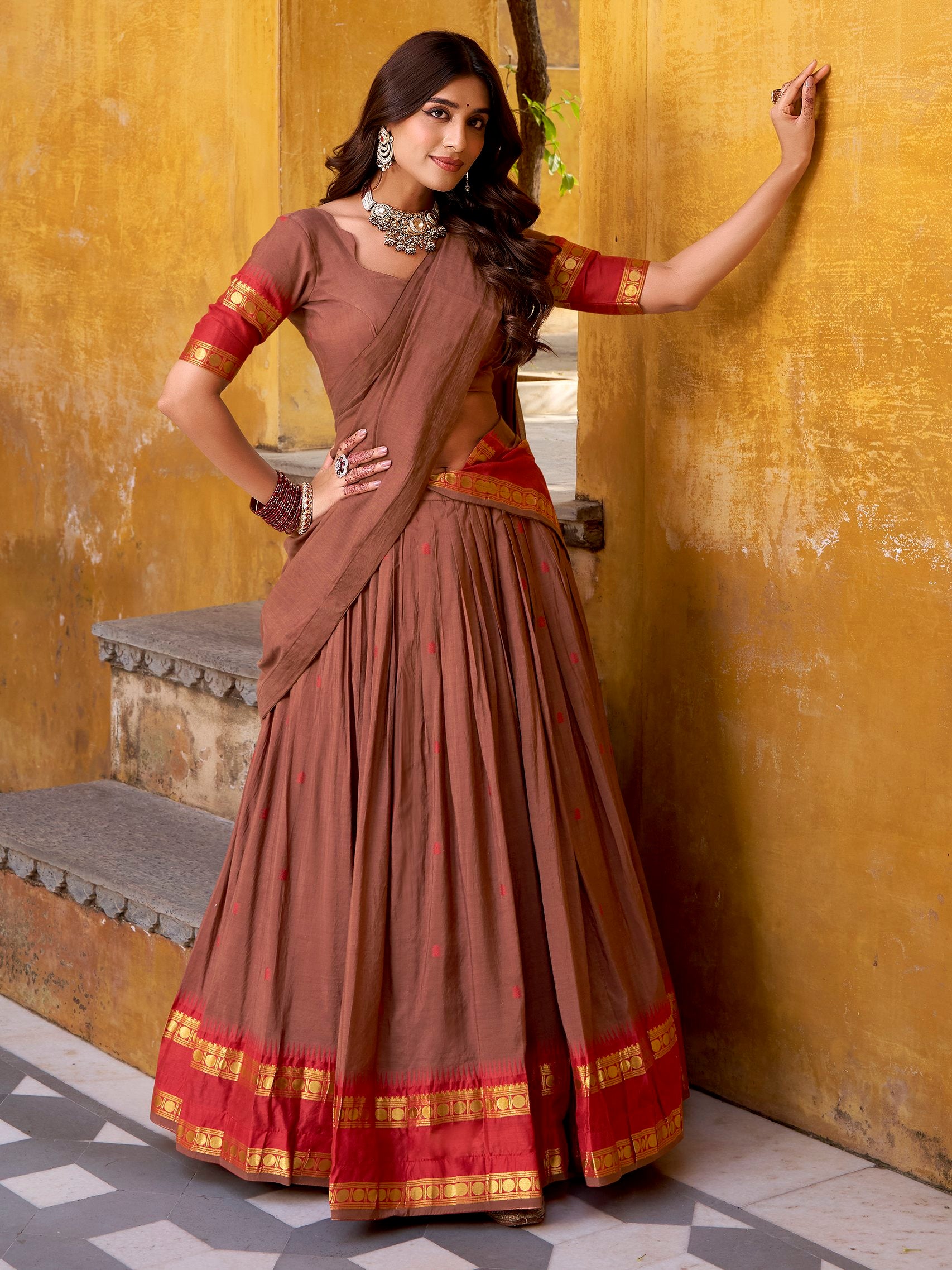 Super Brown Zari Work Chanderi Marriage Wear Half Saree Lehenga