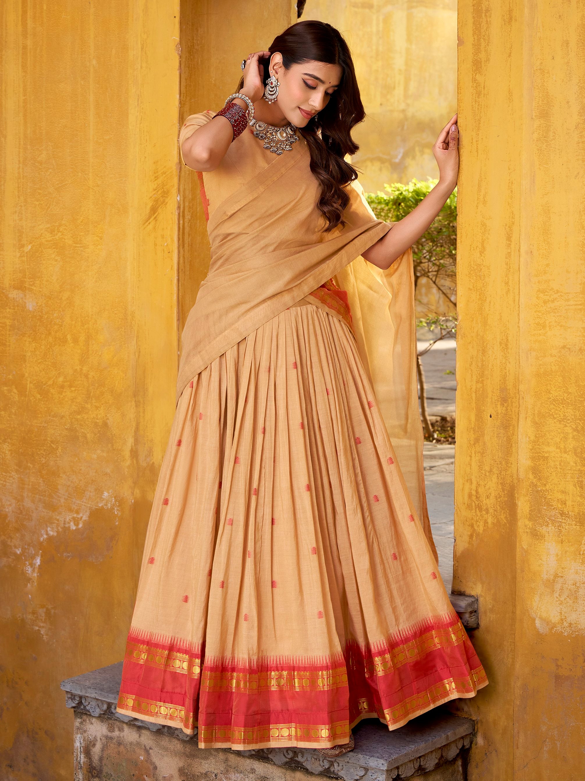 Rich Cream Zari Work Chanderi Festive Wear Half Saree Lehenga