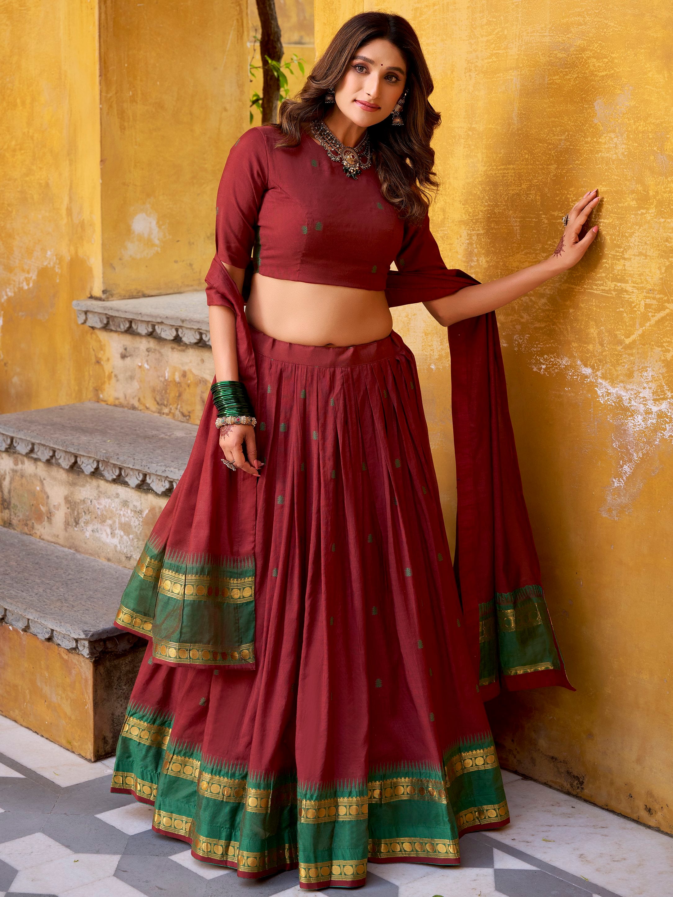 Lovely Maroon Zari Weaving Chanderi Wedding Wear Half Saree Lehenga