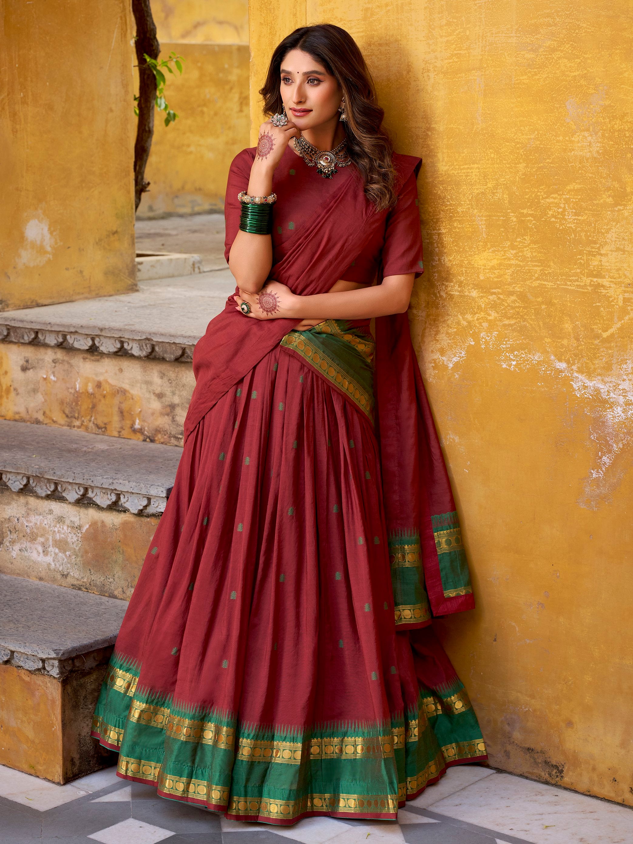 Lovely Maroon Zari Weaving Chanderi Wedding Wear Half Saree Lehenga
