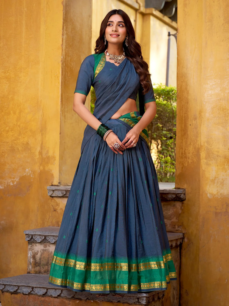 Wonderful Navy Blue Zari Weaving Chanderi Event Wear Half Saree Lehenga