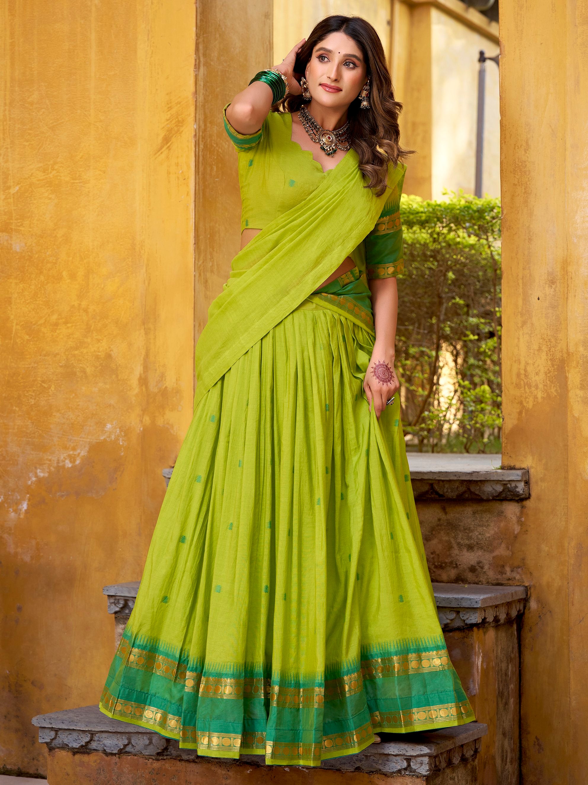 Terrific Green Zari Weaving Chanderi Event Wear Half Saree Lehenga
