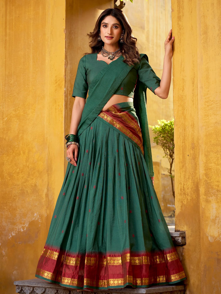 Fabulous Teal Green Zari Weaving Chanderi Mehendi Wear Half Saree Lehenga