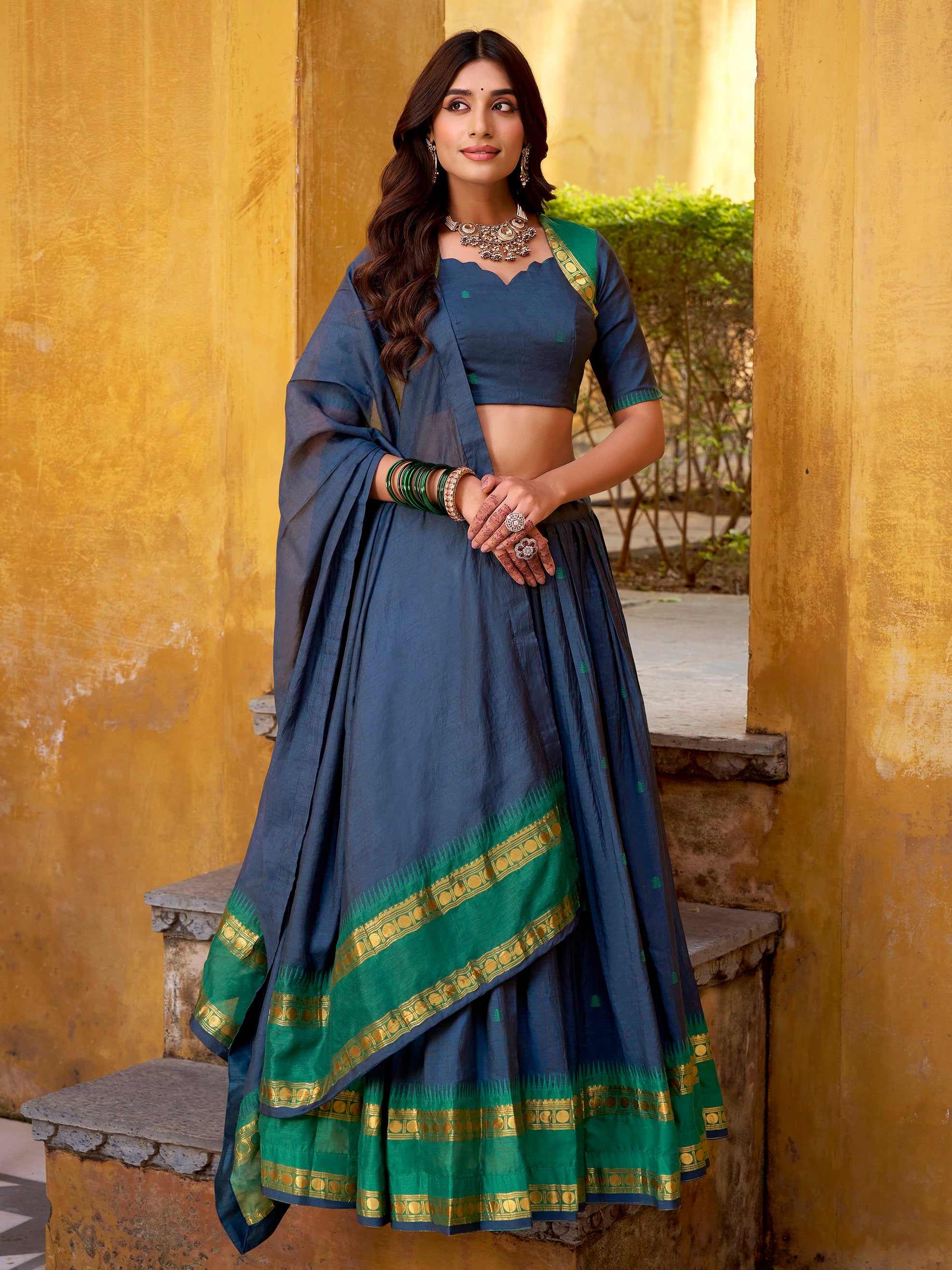 Wonderful Navy Blue Zari Weaving Chanderi Event Wear Half Saree Lehenga