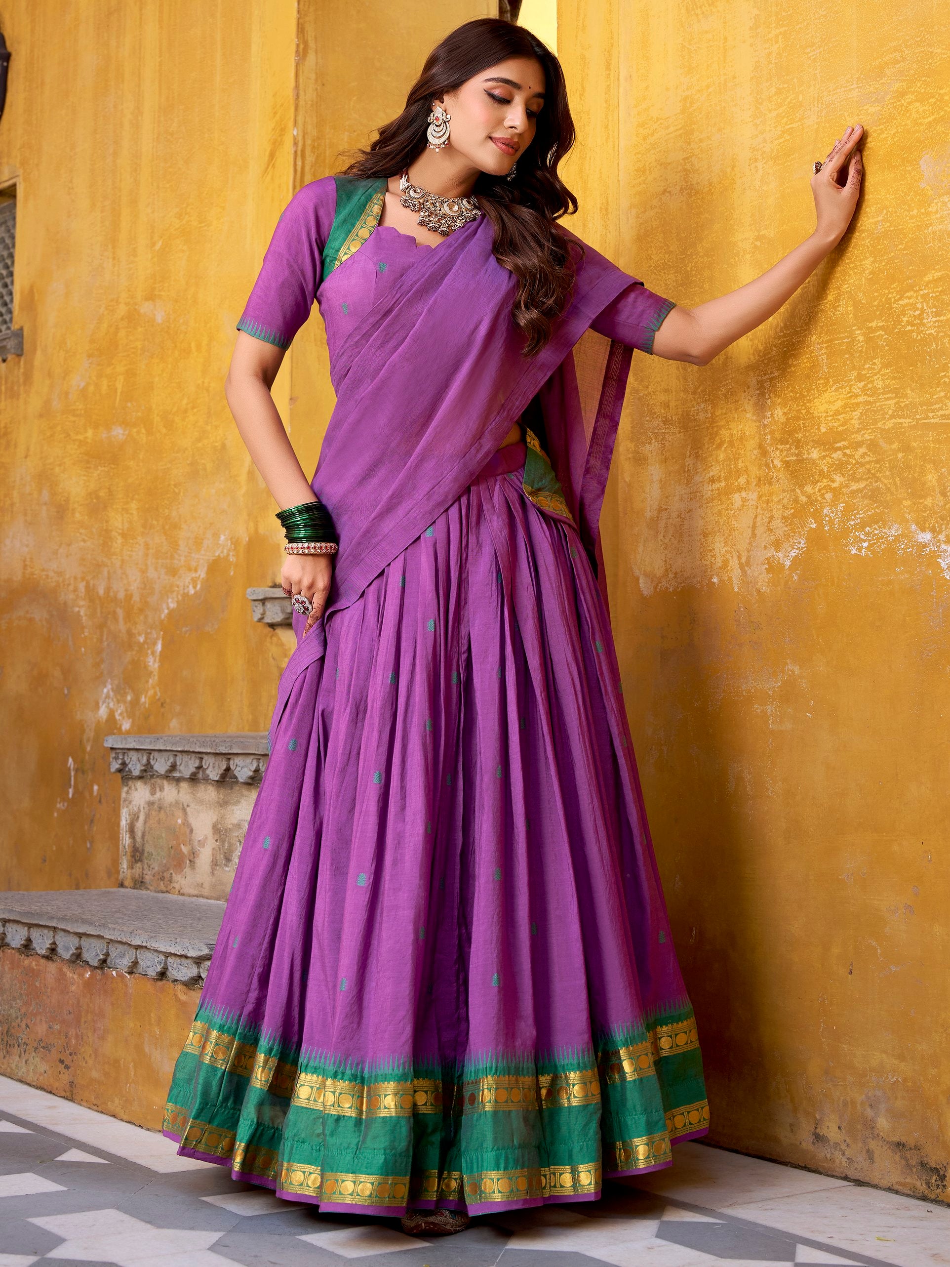 Stunning Purple Zari Weaving Chanderi Traditional Half Saree Lehenga
