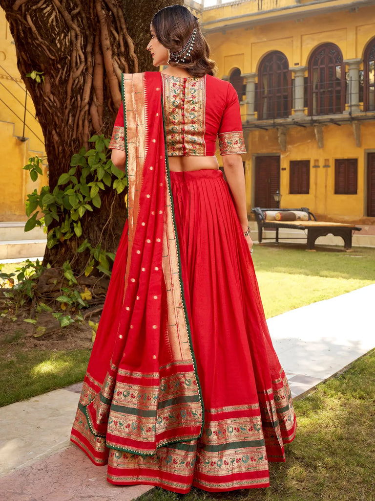 Glowing Red Zari Weaving Chanderi Festival Wear Half Saree Lehenga 
